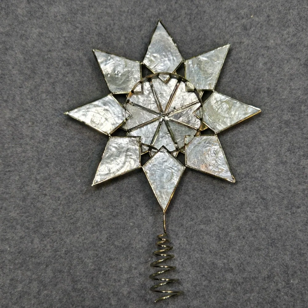 Vintage Capiz Shell Star Christmas Tree Topper Gold Tone Metal 9 Inch Holiday